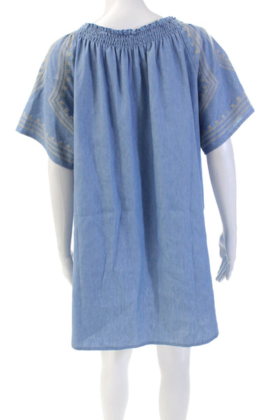 The Wallflower Womens Cotton Ruched Embroidered Short Sleeve Dress Blue Size M