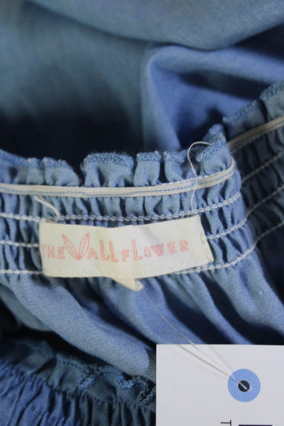 The Wallflower Womens Cotton Ruched Embroidered Short Sleeve Dress Blue Size M