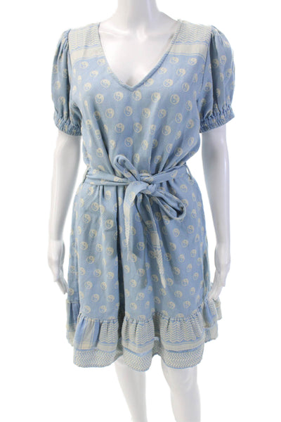 Cecilie Copenhagen Womens Cotton Knit V-Neck Short Sleeve Dress Blue Size S