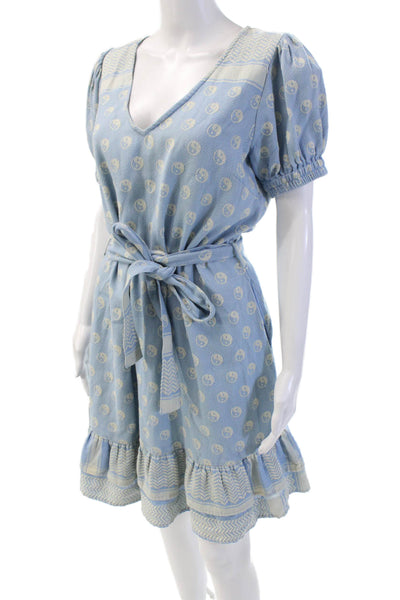 Cecilie Copenhagen Womens Cotton Knit V-Neck Short Sleeve Dress Blue Size S