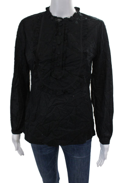 J Crew Womens Long Sleeve Crew Neck Embroidered Shirt Black Cotton Size XS