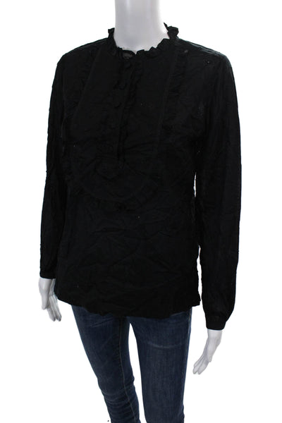 J Crew Womens Long Sleeve Crew Neck Embroidered Shirt Black Cotton Size XS