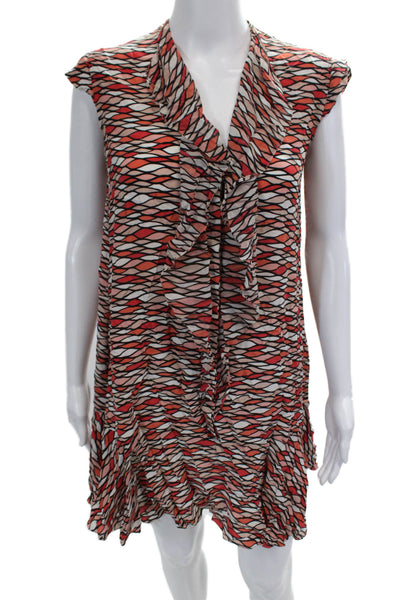 Saloni Womens Short Sleeve V Neck Abstract Silk Dress White Orange Red Size 2