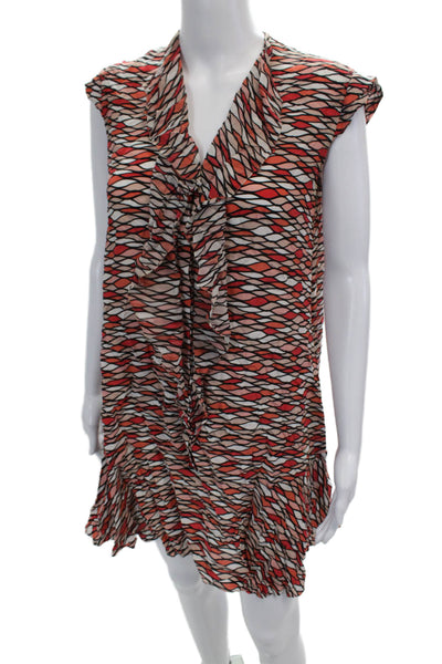 Saloni Womens Short Sleeve V Neck Abstract Silk Dress White Orange Red Size 2