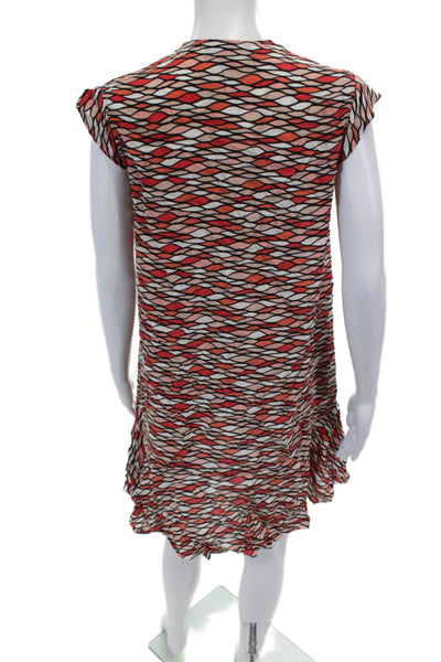 Saloni Womens Short Sleeve V Neck Abstract Silk Dress White Orange Red Size 2