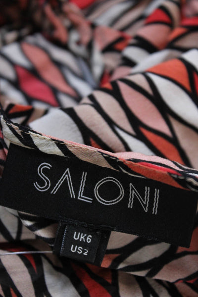 Saloni Womens Short Sleeve V Neck Abstract Silk Dress White Orange Red Size 2