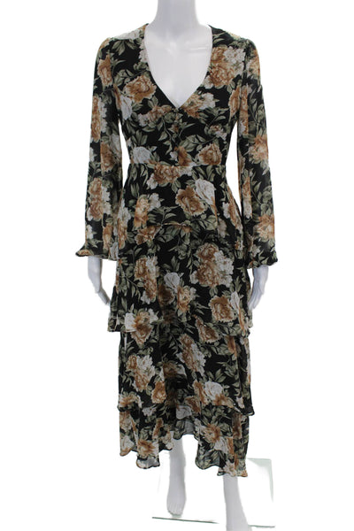 En Saison Womens Long Sleeve V Neck Ruffled Floral Maxi Dress Black Multi XS