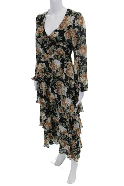 En Saison Womens Long Sleeve V Neck Ruffled Floral Maxi Dress Black Multi XS