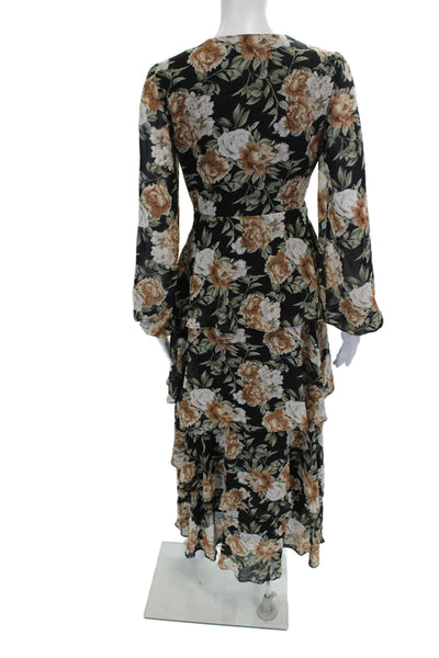 En Saison Womens Long Sleeve V Neck Ruffled Floral Maxi Dress Black Multi XS