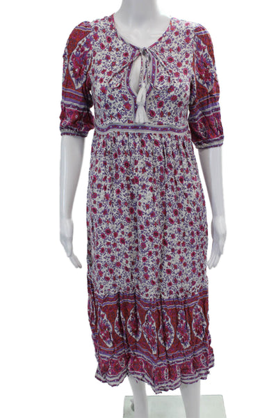 Yakira Bella Womens Side Zip Short Sleeve Floral Midi Dress White Purple Medium