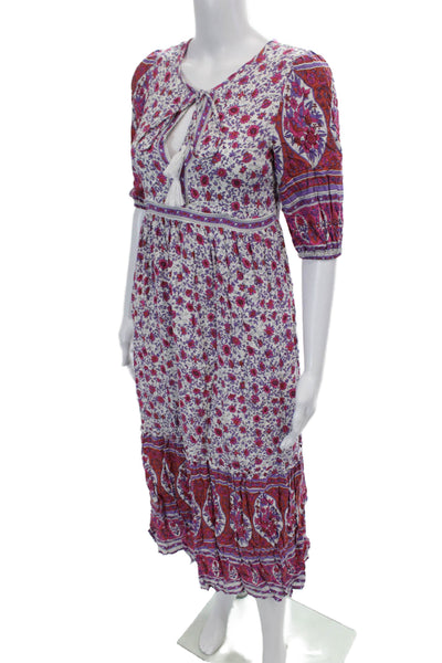 Yakira Bella Womens Side Zip Short Sleeve Floral Midi Dress White Purple Medium