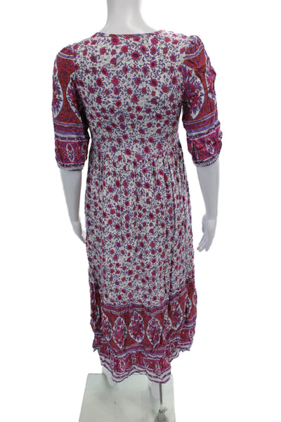 Yakira Bella Womens Side Zip Short Sleeve Floral Midi Dress White Purple Medium