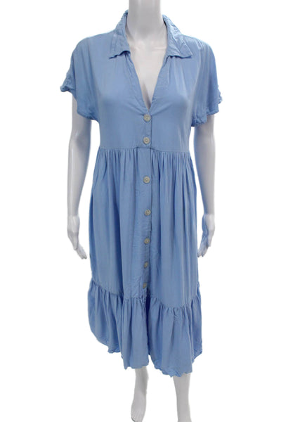 Zara Womens Button Front Short Sleeve V Neck Midi Shift Dress Blue Size Small