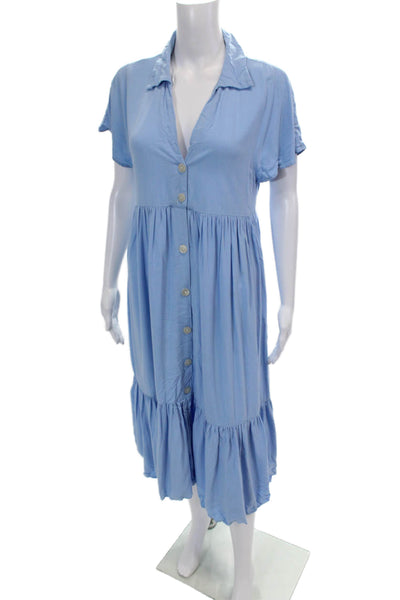 Zara Womens Button Front Short Sleeve V Neck Midi Shift Dress Blue Size Small