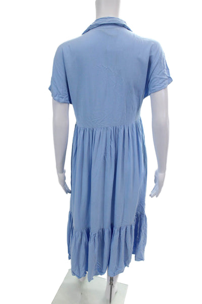 Zara Womens Button Front Short Sleeve V Neck Midi Shift Dress Blue Size Small
