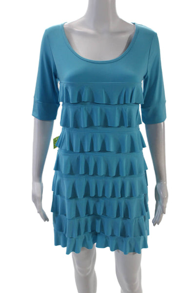 Isle Womens Short Sleeve Round Neck Ruffled Layered Mini Dress Blue Size S