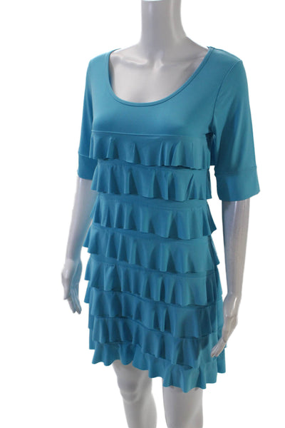 Isle Womens Short Sleeve Round Neck Ruffled Layered Mini Dress Blue Size S