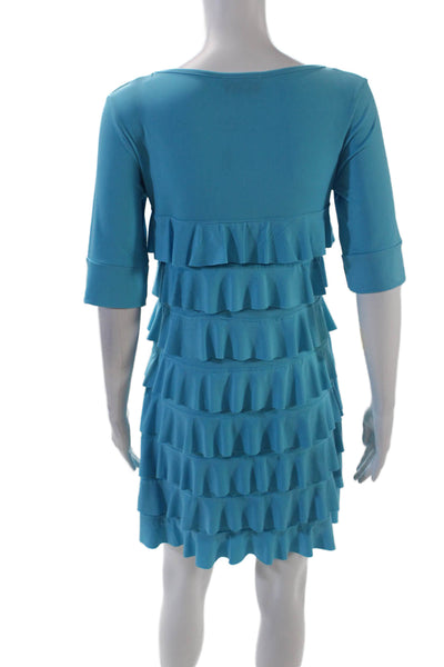 Isle Womens Short Sleeve Round Neck Ruffled Layered Mini Dress Blue Size S