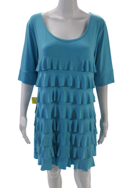 Isle Womens Short Sleeve Layered Ruffled Detail Mini Dress Light Blue Size XL
