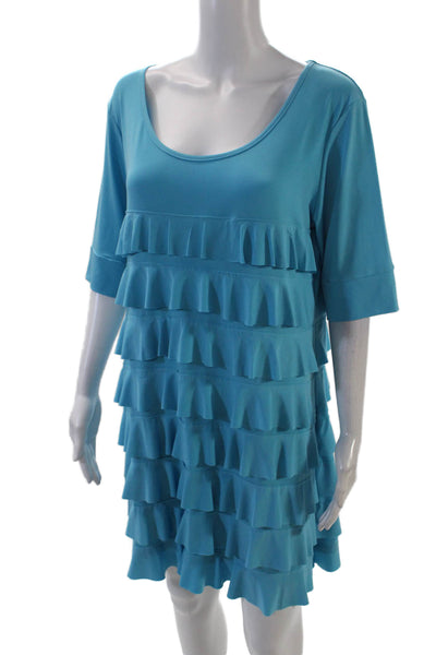 Isle Womens Short Sleeve Round Neck Ruffled Layered Mini Dress Blue Size S