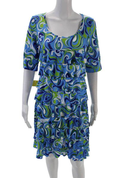 Isle Womens Watercolor Short Sleeve Ruffled Detail Mini Dress Blue Size S