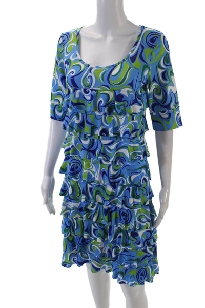 Isle Womens Watercolor Short Sleeve Ruffled Detail Mini Dress Blue Size S