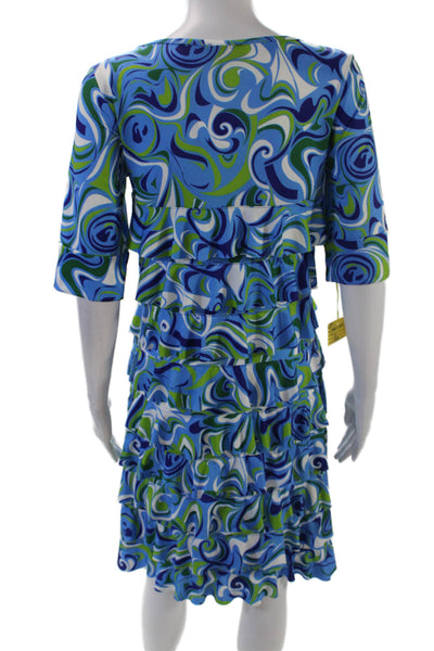 Isle Womens Watercolor Short Sleeve Ruffled Detail Mini Dress Blue Size S