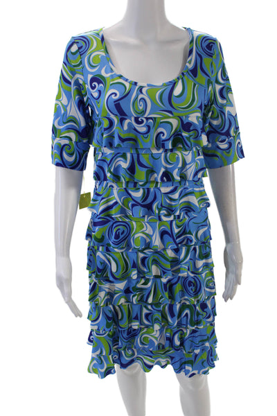 Isle Womens Watercolor Short Sleeve Ruffled Detail Mini Dress Blue Size XL