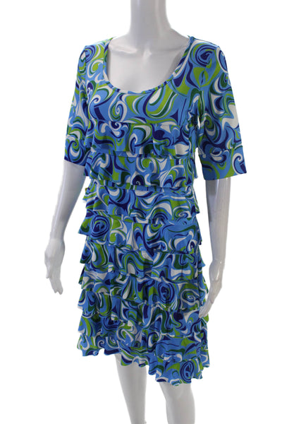 Isle Womens Watercolor Short Sleeve Ruffled Detail Mini Dress Blue Size XL