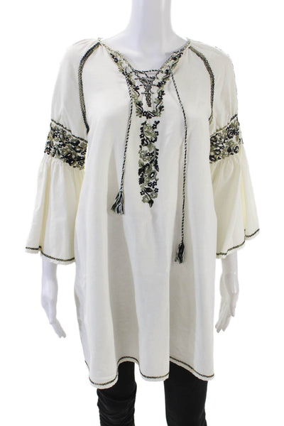 Suno Womens Cotton Long Bell Sleeve Floral Embroidered Blouse White Size 0