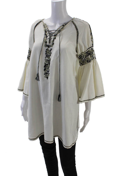 Suno Womens Cotton Long Bell Sleeve Floral Embroidered Blouse White Size 0