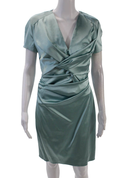 Talbot Runhof Womens Short Sleeve V-neck Ruched Zip Short Dress Blue Size M