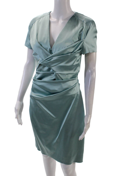 Talbot Runhof Womens Short Sleeve V-neck Ruched Zip Short Dress Blue Size M