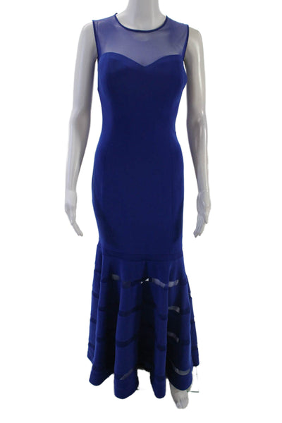 Mikael Aghal Womens Back Zip Sleeveless Crew Neck Mesh Trim Gown Blue Size 10