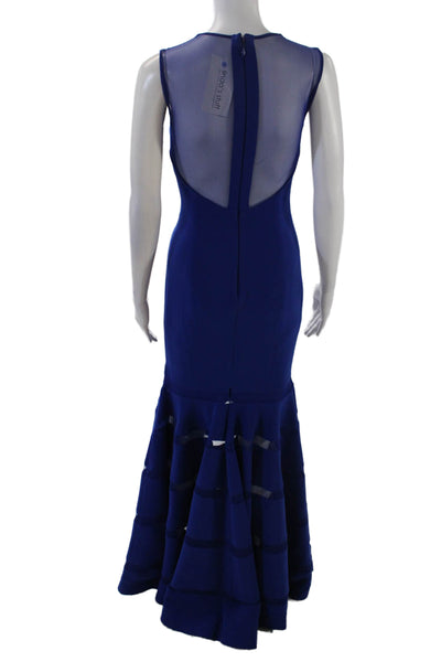 Mikael Aghal Womens Back Zip Sleeveless Crew Neck Mesh Trim Gown Blue Size 10