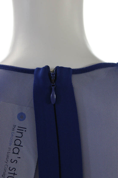 Mikael Aghal Womens Back Zip Sleeveless Crew Neck Mesh Trim Gown Blue Size 10