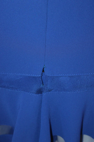 Mikael Aghal Womens Back Zip Sleeveless Crew Neck Mesh Trim Gown Blue Size 10