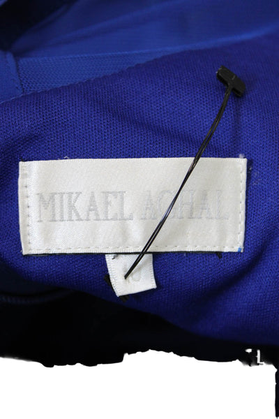 Mikael Aghal Womens Back Zip Sleeveless Crew Neck Mesh Trim Gown Blue Size 10