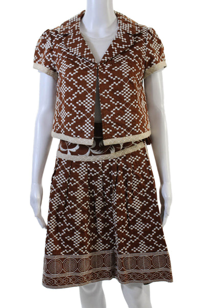 Nanette Lepore Womens Cotton Embroidered Skirt + Jacket Set Brown Size 4 2