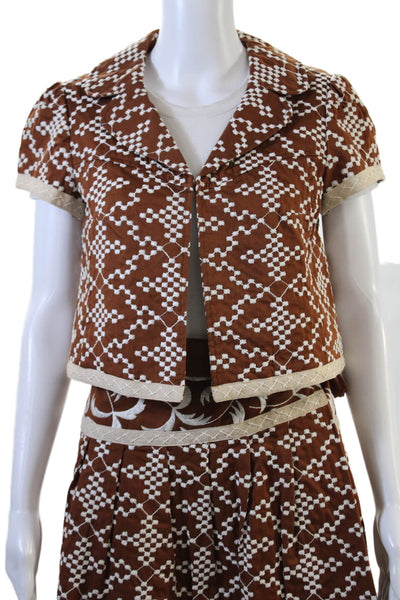 Nanette Lepore Womens Cotton Embroidered Skirt + Jacket Set Brown Size 4 2