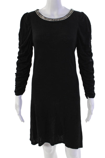 Alice + Olivia Women's Ruched Short Sleeve Mini Sweater Dress Black Size M