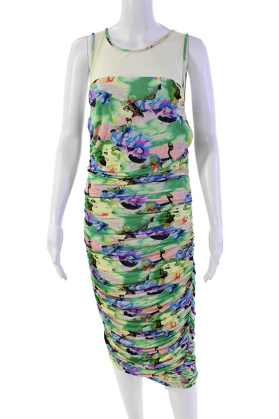 Catherine Malandrino Women's Round Neck Sheer Ruched Midi Dress Floral Size M