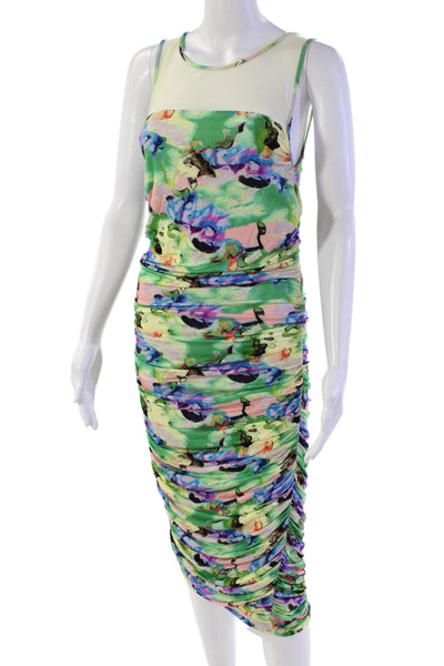 Catherine Malandrino Women's Round Neck Sheer Ruched Midi Dress Floral Size M