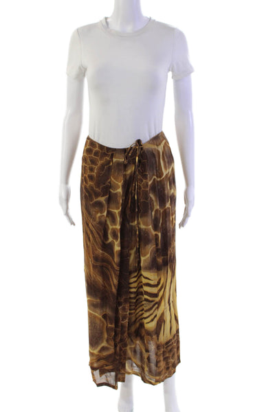 Laurel Womens Layered Abstract Print Zip Up Maxi Skirt Brown Size 40