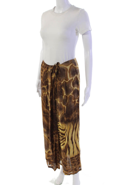 Laurel Womens Layered Abstract Print Zip Up Maxi Skirt Brown Size 40