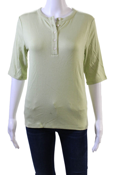 Vince Womens Short Sleeve Henley Button Up Ribbed Top Green Size L