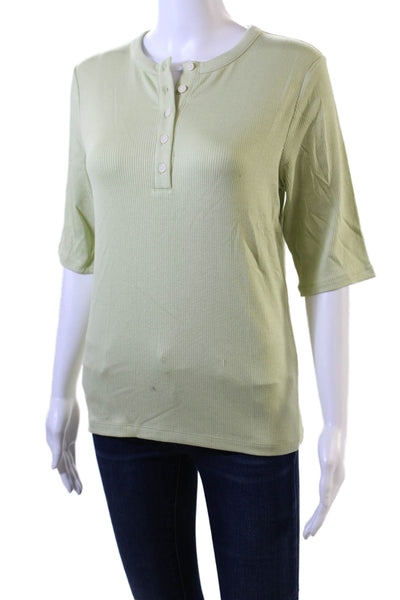 Vince Womens Short Sleeve Henley Button Up Ribbed Top Green Size L