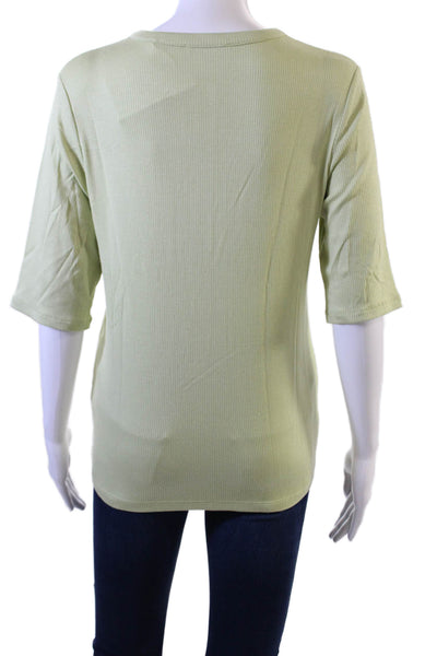 Vince Womens Short Sleeve Henley Button Up Ribbed Top Green Size L