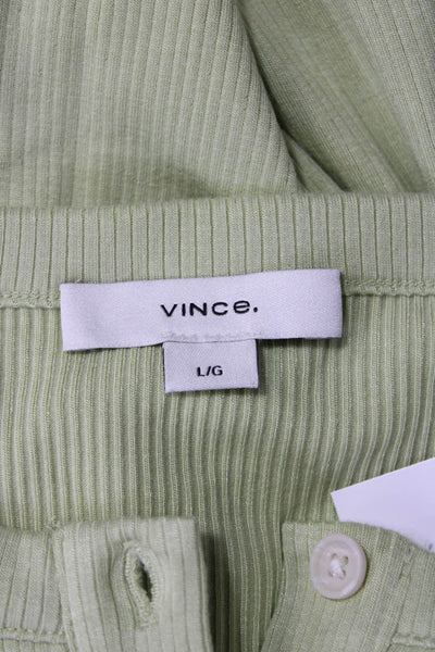 Vince Womens Short Sleeve Henley Button Up Ribbed Top Green Size L