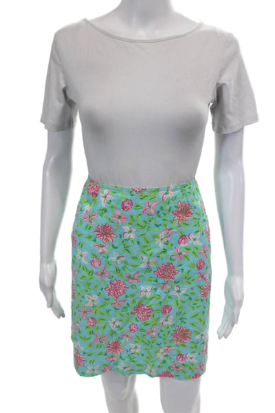 Lilly Pulitzer Womens Back Zip Knee Length Floral Skirt Blue Pink Linen Size 8